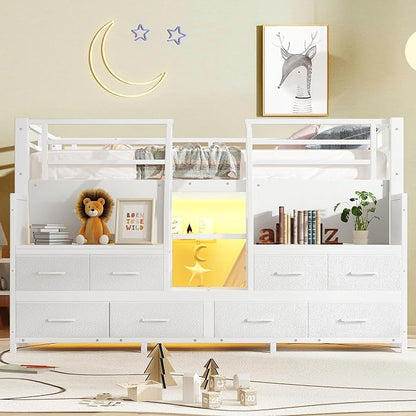 Bellemave Twin Size Low Loft Bed with 8 Fabric Storage Drawers for Kids,Metal Loft Bed Frame with Shelves and LED Lights for Boys Girls,Kids Loft Bed Twin Size,White
