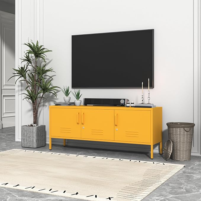 3 Door TV Standwith Storage Locke Metal TV Cabinet with 2-Tier Multi-Purpose Lockable Wide Storage Cabinet, Media Console Table with Metal Legs for Living Room, Bedroom,Office,Yellow