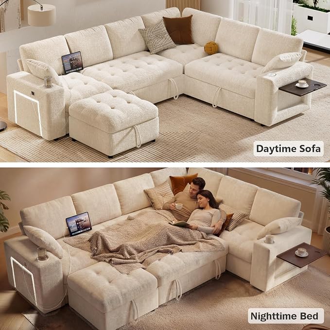 Vipbear 111" Modular Sectional Sleeper Sofa with Pull Out Bed, 7 Seat Chenille L Shaped Couch with Storage Ottoman|USB Ports|Cup Holders|Side Table|LED Light, Tool Free Assembly, Beige