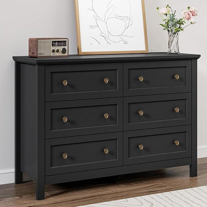 Farmhouse Dresser Nightstand Sets, 3-Piece Bedroom Furniture Set for Home | 6 Drawer Dresser Closet & 3 Drawer Nightstand Set of 2, Chest of Drawers for Bedroom, Living Room, Entryway, Black