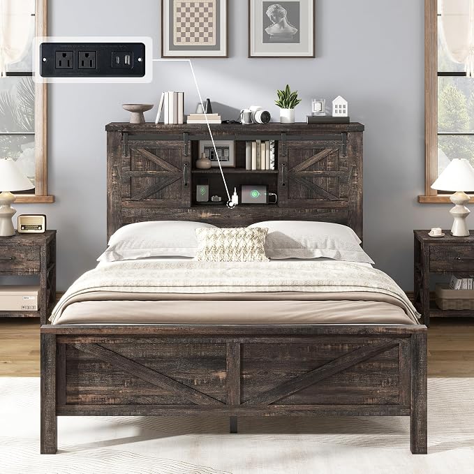 AMERLIFE 4 Pieces Farmhouse Bedroom Set, Includes Full Size Bookcase Headboard Bed Frame, 5 Drawer Tall Dresser, 47'' Dresser with 4 Drawers, 60" Dresser with 4 Drawers, Black Oak
