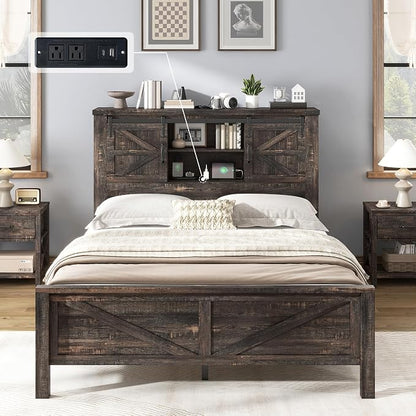 AMERLIFE 4 Pieces Farmhouse Bedroom Set, Includes Full Size Bookcase Headboard Bed Frame, 5 Drawer Tall Dresser, 47'' Dresser with 4 Drawers, 60" Dresser with 4 Drawers, Black Oak