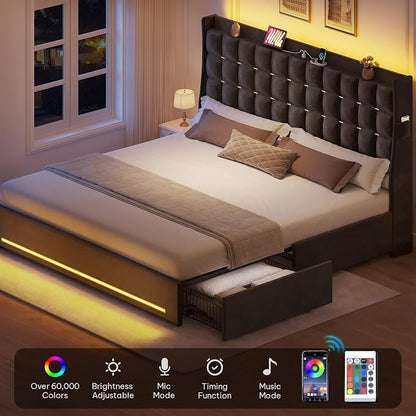 DWVO King Size Bed Frame with 4 Drawers and RGB LED Lights, Velvet Upholstered Platform Bed with Charging Station and Storage Headboard, No Box Spring Needed, Easy Assembly, Noise-Free, Grey