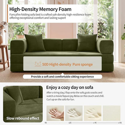 78.8" Convertible Sofa Bed with Armrest Pillow, 4-in-1 Sleeper Couch Bed for Livingroom, Modular Corduroy Boneless couches, No Assembly (Green)