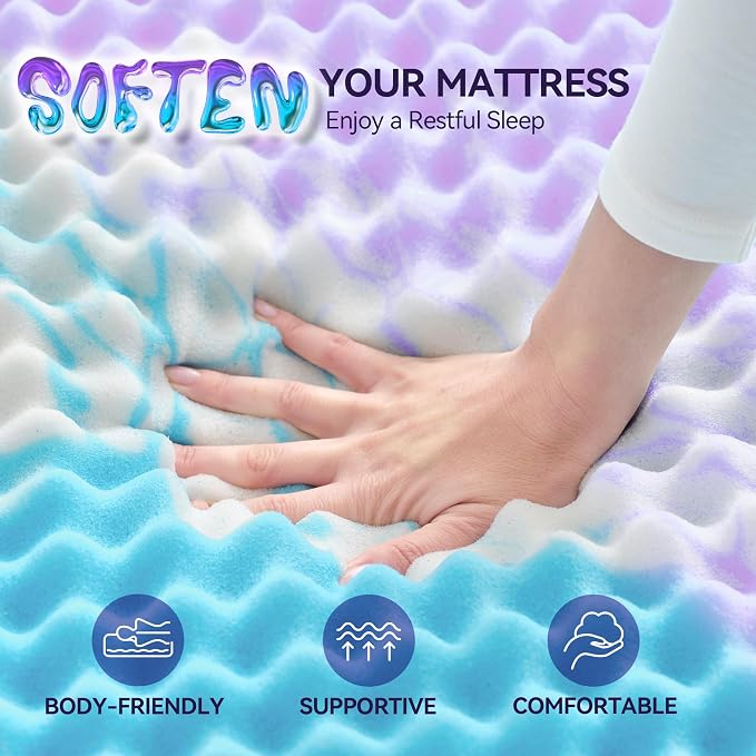 SINWEEK 2 Inch Egg Crate Memory Foam Mattress Topper Twin XL, Twin Extra Long Mattress Pads for College Dorm Room, Pressure Relieve CertiPUR-US Certified,39x80 Inches, Colorful