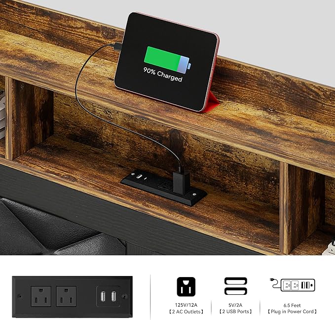 YITAHOME Queen Size Bed Frame with Storage Headboard and Large Under Bed Storage, Upholstered Platform with Charging Station and LED Light, No Box Spring Needed, Noise Free, Charcoal Black