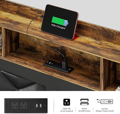 YITAHOME Queen Size Bed Frame with Storage Headboard and Large Under Bed Storage, Upholstered Platform with Charging Station and LED Light, No Box Spring Needed, Noise Free, Charcoal Black