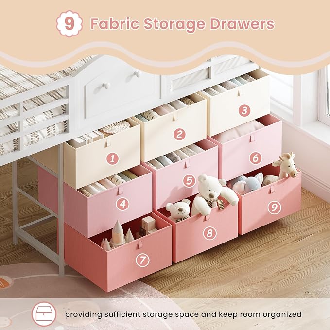 VIAGDO Low Loft Bed Full Size with 9 Storage Drawers and LED Lights, Metal Full Size Loft Bed with Stairway Shelf Storage, Low Loft Bed with Safety Guardrail and Under-Bed Hideaway for Kids, White