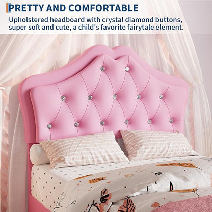 Twin Size Bed Frame for Girls with Storage Drawers & LED Lights, Upholstered Platform Bed, Velvet Crystal Button Princess Bed, Noise-Free Slats, No Box Spring Needed for Kids, Teens, Pink