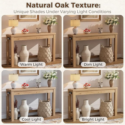 Cyclysio 47" Console Table with Charging Station, 13.8" Deep Farmhouse Sofa Table Behind Couch with 2 AC Outlets & 3 USB Ports, Entryway TV Console or Compact Home Office Desk, Natural Oak