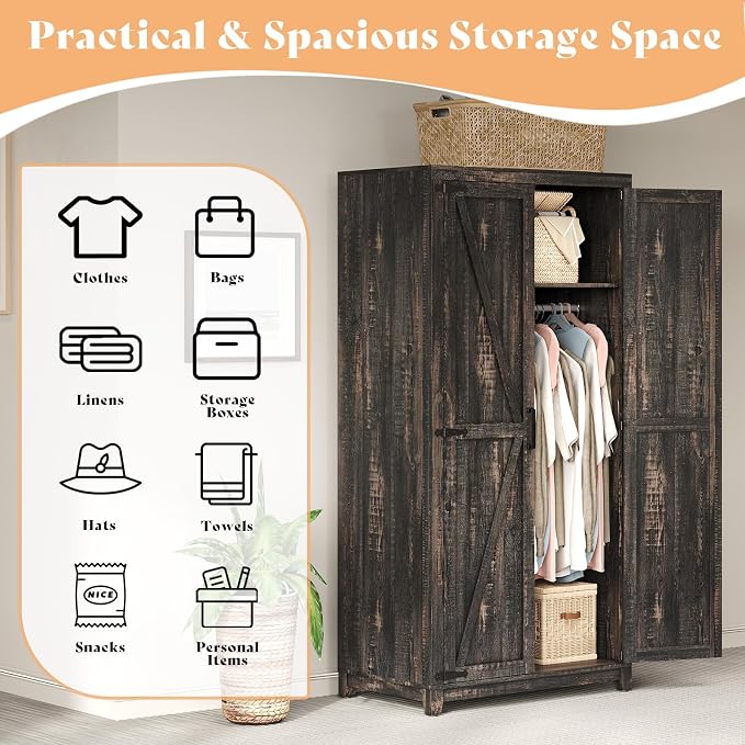 LUXOAK 70" Large Armoire Wardrobe Closet with Hanging Rod, Farmhouse Clothing Storage Cabinet with 2 Barn Doors, Wooden Tall Bedroom Armoires with Shelf, Dark Oak Wood