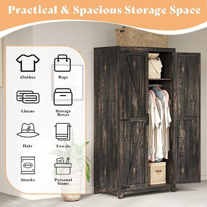 AMERLIFE Set of 2 Farmhouse Armoire Wardrobe Closet with 2 Barn Doors, 71'' Storage Cabinet with Shelf & Hanging Rod, Versatile Clothing Storage for Bedroom, Black Oak