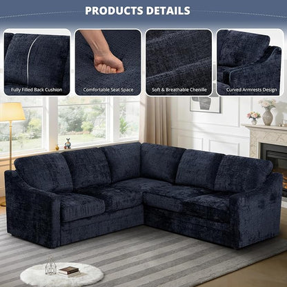 89" Chenille Sectional Sofa with High Density Sponge, Modern 5-Seats Corner Couch with Deep Seat, Comfy Modular L Shaped Couch with Comfortable Back Cushions for Living Room, Blue