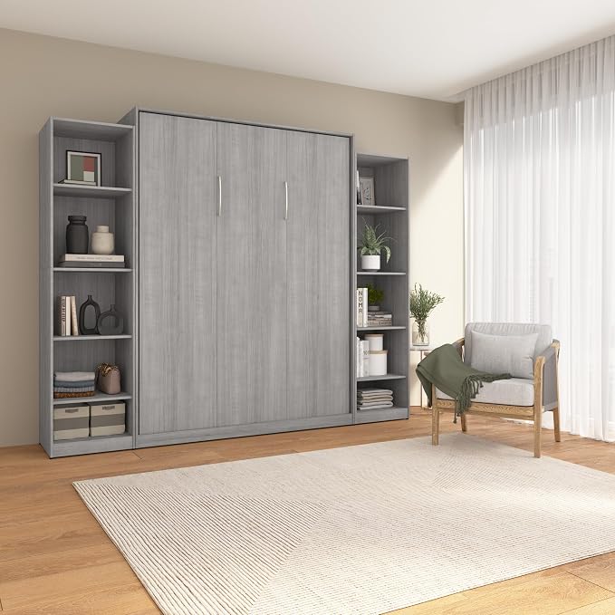 Bestar Claremont Queen Murphy Bed with Closet Organizers (105W) in Platinum Gray, Space-Saving Sleeping Arrangement for Multipurpose Room