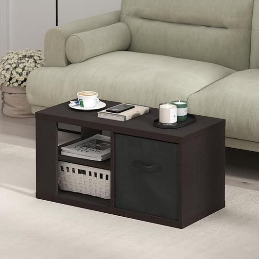 Furinno Viola Coffee Table, 3-Tier Modern Center Table with 1.2 Thick Tabletop, Side Table with Open Shelf and Storage Bin, for Living Room, Bedroom, Home Office, Black Dark Oak