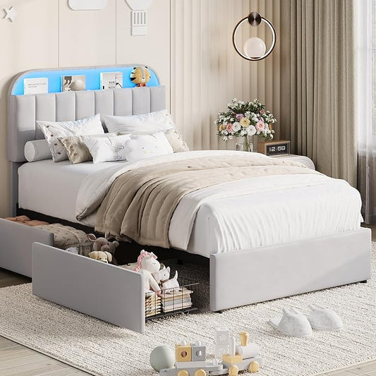 Garvee Twin XL Size Bed Frame with 2 Flexible Drawers, Velvet Upholstered Platform Bed Frame with Bookcase Headboard and LED Lights, Kids Bed for Girls, Easy Assembly, Noise Free, Grey
