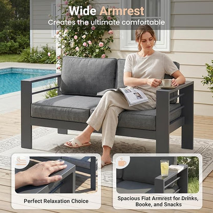 Solaste Aluminum Patio Sofa with Coffee Table,3 PCS Patio Furniture Set with Cushions, All-Weather Outdoor Sofa for Balcony, Deck, Backyard, Porch, Garden, Dark Grey