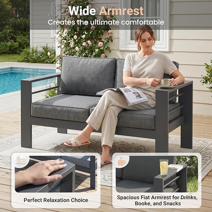 Solaste Aluminum Outdoor Patio Furniture Set, 7 Seats Patio Sectional Sofa with 5" Thick Cushion, Outdoor Patio Set with Coffee Table for Porch, Backyard, Deck, Yard, Grey