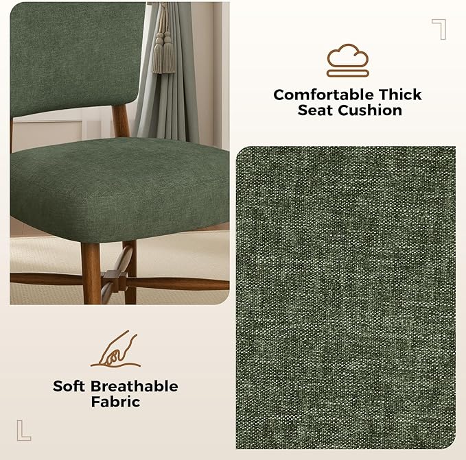 Mid Century Dining Chairs Set of 4, Linen Seat, Wood Legs, Green | Farmhouse, Upholstered Padded Cushion, Solid Wood Cross-Brace, Easy 15-Min Assembly, Kitchen Dining Room