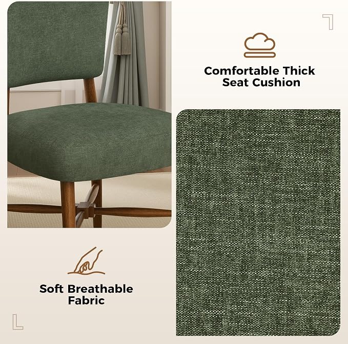 Dining Chairs Set of 6, Linen Upholstered, Solid Wood Legs, Green | Mid Century Modern Farmhouse, Cross-Brace Reinforced, Padded Cushion, Easy 15-Min Assembly, Kitchen Dining Room