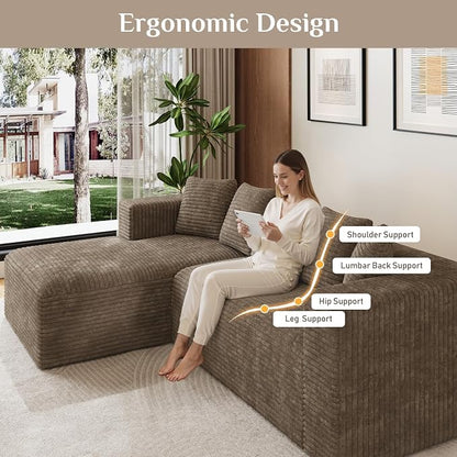 Oversized L Shaped Boneless Sectional Couches for Living Room, 107" Comfy Fluffy Cloud Modular Sectional Sofa, Plush Corduroy Memory Foam Floor Sofa with Left Facing Chaise Couch