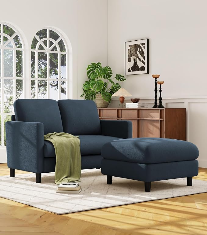 Welzona Loveseat, 51" Small L Shaped Couch, Comfy Teddy Love Seat with Ottoman Set, Tool-Free Setup Loveseat Sofa with Ottoman, All-Wood Small Sofa Couch for Bedroom, Couch for Living Room, Blue Grey