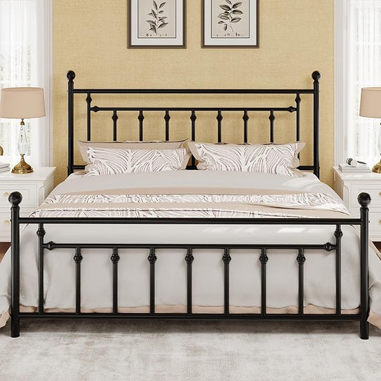 SHA CERLIN 14" King Size Metal Platform Bed Frame/Victorian Headboard and Footboard/Steel Slats Mattress Foundation for Storage/No Box Spring Needed/Noise Free/Black