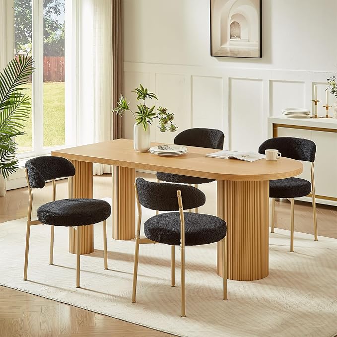SoarFlash Dining Chairs, Black Boucle Dining Chairs Set of 4, Kitchen Dining Room Chairs Curved Backrest Upholstered Mid Century Modern Chairs with Golden Metal Legs