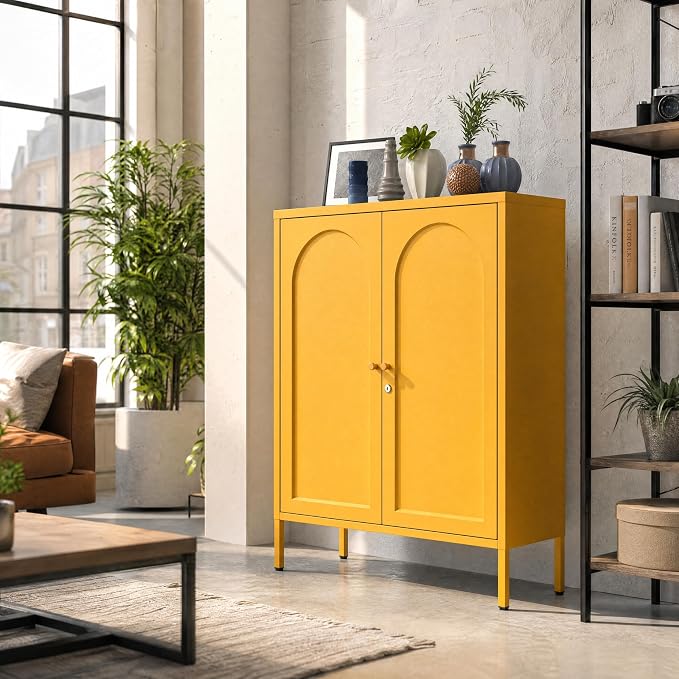 Yellow Lockable Metal Accent Storage Cabinet, 2 Door Freestanding Sideboard with Adjustable Shelves, Kitchen Organizer with Magnetic Doors for Dining Room Living Room Office
