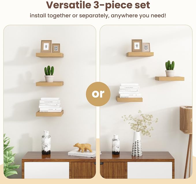 Fun Memories Floating Shelves for Wall - 7.5 Inch Square Shelves with Invisible Brackets, Small Wall Shelf for Living Room, Bathroom, Bedroom, and Kitchen Decor Oak Set of 3