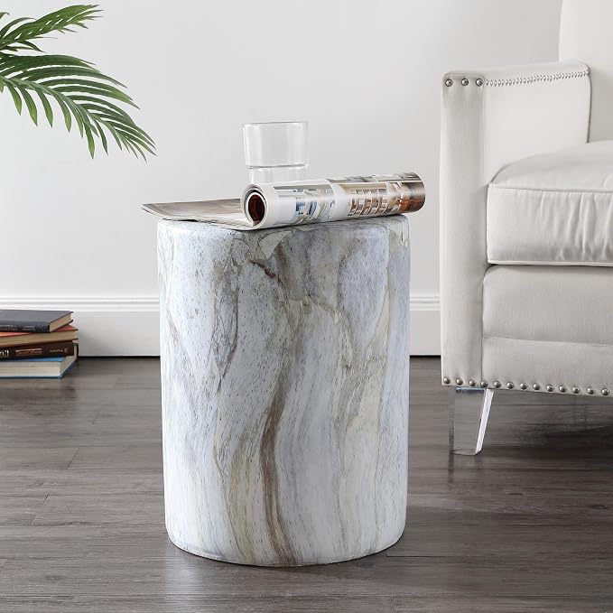 JONATHAN Y Troy Modern 17" Faux Marble Cylinder Accent Table, Round Pedestal End Table and Decorative Indoor Stool for Living Room, Small Minimalist Drum Side Table, Gray and Gold TBL1101B