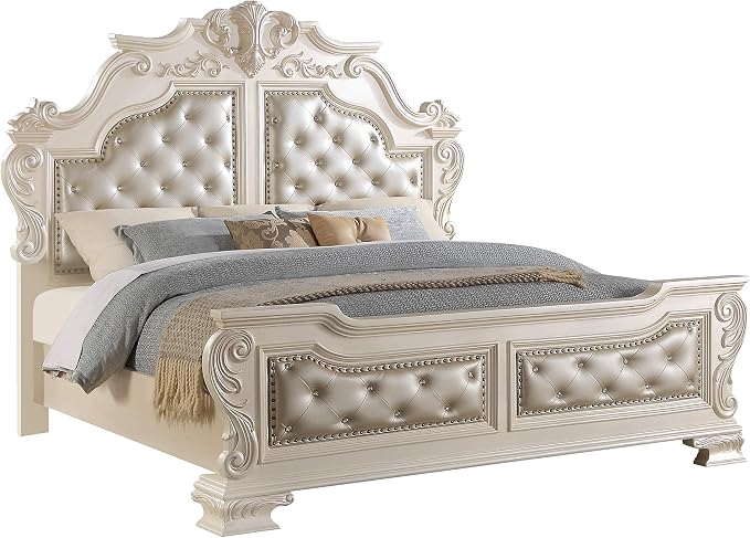 First of a Kind Victoria Off White Traditional 4 Piece King Bedroom Set with Upholstered Tufted Headboard Elegant European Inspired Design Coordinated Furniture Collection