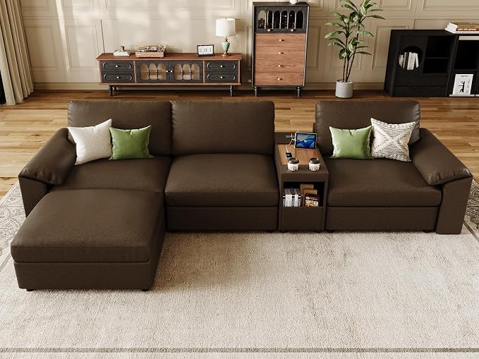 EASE MOOSE Leather Sectional Couch with Console,Oversized Modular Sectional Sofas,Wide Deep Seat Modular Couch,Scratch Resistant Faux Leather Material,L Shaped Sofa for Big Spaces,Deep Brown