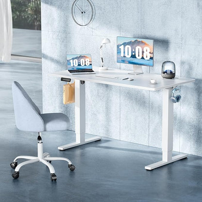 DUMOS 63 Inch Electric Standing Desk Height Adjustable, Sit to Stand Computer Workstations Large Work PC Table Home Office Writing Gaming Desks with Memory Presets for Walking Pad, Bedroom, White