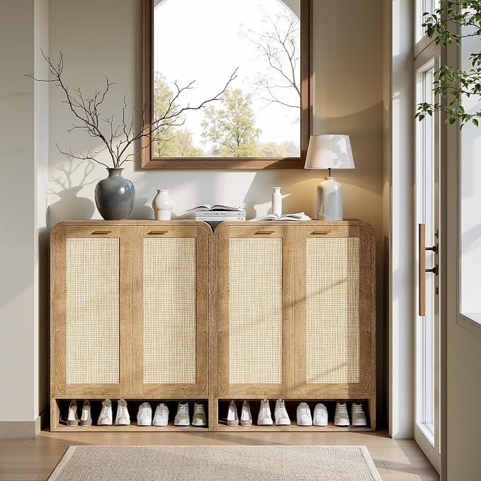 Evermagin 41" Tall Rattan Shoe Storage Cabinet, 24 Pairs Shoe Cabinet for Entryway, 5-Tier Boho Shoe Organizer with Doors for Hallway Living Room Closet, Caramel Oak