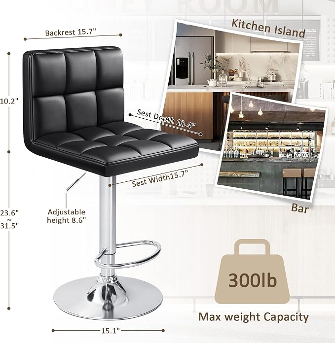 Furniwell Bar Stools Modern Pu Leather Swivel Adjustable Barstools Armless Counter Height Swivel Bar Stool Synthetic Leather Height Square Barstool with Set of 2(Black)