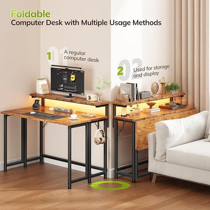 Folding Table with RGB Light for Small Space, 31.5" Folding Computer Desk for Space Saving Sofa Table for Couch, Home Work Office Desk with Monitor Stand, Easy to Fold with Hooks,Rustic Brown