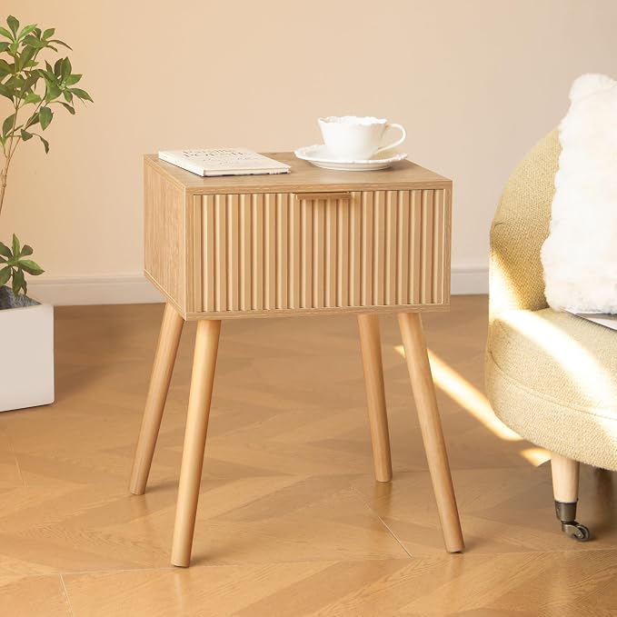 AWASEN Nightstand, Small End Tables Living Room, Accent Bedside Side Table with Fluted Drawer for Bedroom and Small Space, Rustic Walnut