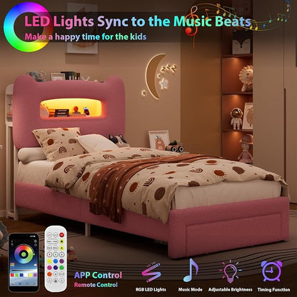 GarveeHome Led Twin Bed Frame for Kids with Drawer, Upholstered Sturdy Platform Bed with Storage Headboard and Charging Station, Noise Free, Easy Assemble, for Girls/Boys, Pink