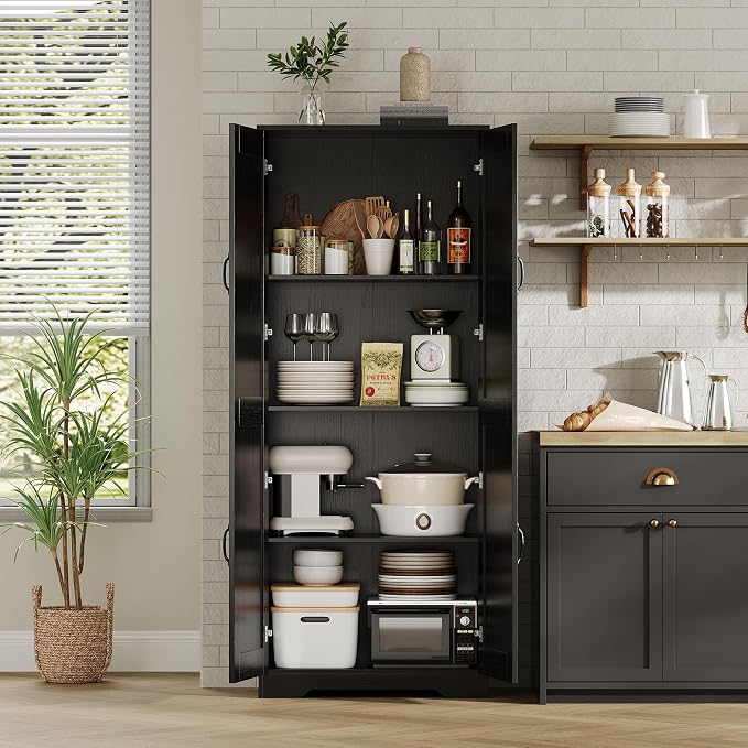 Garvee Tall Pantry Cabinet, 60" Kitchen Storage Cabinet with 2 Doors & Adjustable Shelves, Freestanding Wooden Cupboard for Bathroom，Dining Room, Living Room,Black