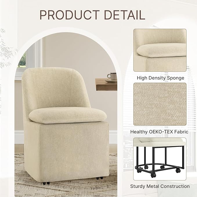 KISLOT Upholstered Dining Chairs with Casters, Washable Cover Modern Dining Room Chairs with Thick Cushion & Sturdy Metal Frame for Kitchen, Living Room, Dressing Room, Sand Fabric, Set of 2