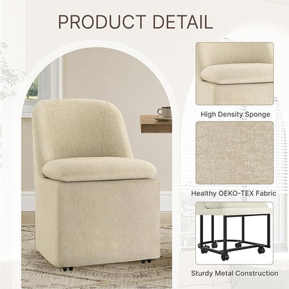 KISLOT Upholstered Dining Chairs with Casters, Washable Cover Modern Dining Room Chairs with Thick Cushion & Sturdy Metal Frame for Kitchen, Living Room, Dressing Room, Sand Fabric, Set of 2