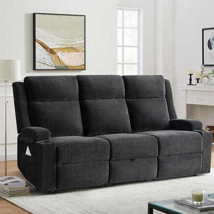 GUEAPY Large Manual Reclining Sofa – 3-Seater Chenille Reclining Couch with Cup Holders, Wide Seat, Easy Assembly & Spill-Resistant Fabric – Cozy Reclining Sofa for Living Room, Apartment, RV（Black）
