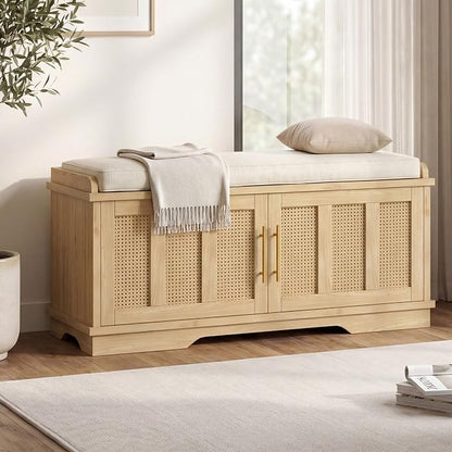 Heybly Shoe Cabinet with Bench, Rattan Entryway Storage Bench with Cushion, Shoe Storage Bench Cabinet with 2 Doors, Adjustable Shelves, Wooden Shoe Bench 31.5" for Living Room Bedroom Hallway HSB001N