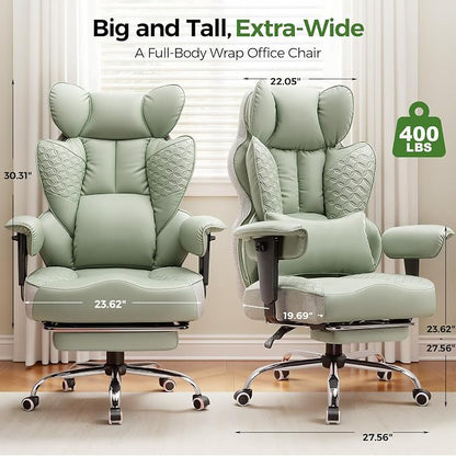 GTPLAYER Big and Tall Gaming Chair 400lbs Heavy Duty Office Chair with Foot Rest & Ergonomic Pocket Spring Lumbar Support, High Back 3D Saddle Shaped Cushion for Back Pain Relief, Green