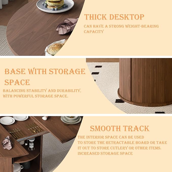 Wildhome Extendable Round Dining Table for 2-4-6, 59 Inch Dining Room Kitchen Table with 2-Tier Storage Shelf, Modern Farmhouse Fluted Wood Slide Door Dinner Furniture,Oval Circle,Walnut-59 Inch