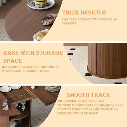 Dining Table for 4-6,59“Extendable Round Dining Room Kitchen Table with Storage,Round Table for Living Room,Fluted Wood Table with Slide Door,Expandable Oval Dinner Furniture with Pedestal Base,Walnut