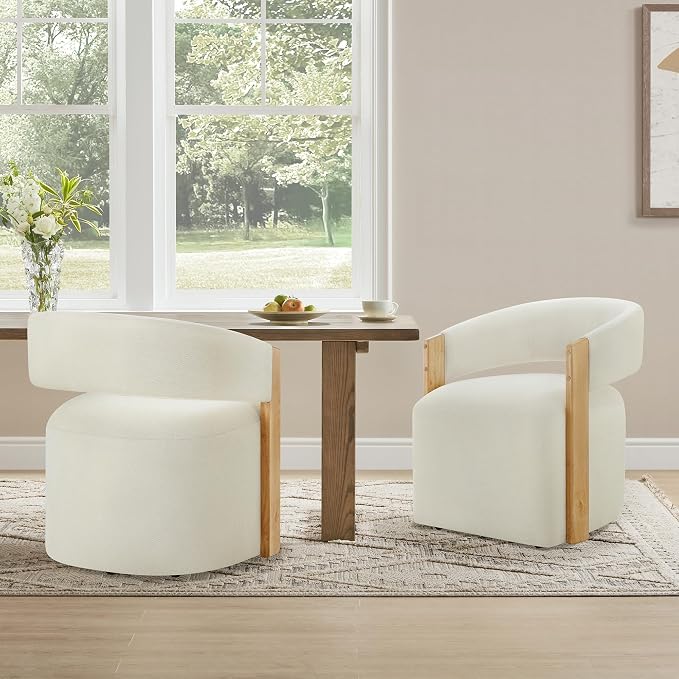 KISLOT Upholstered Dining Chair Set of 1, Barrel Modern Dining Room Chair with Casters, Kitchen Side Wooden Armchair with Fabric Cushion Seat for Bedroom, Livingroom, Reading Room, Beige, 1 Box