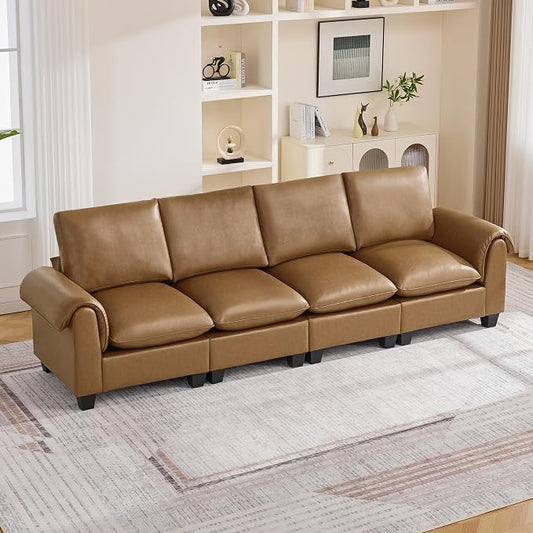 118" Faux Leather Modular Sectional Upholstered Sofa, Oversized 4 Seater Couch with Curved Armrests, Cloud Modern Upholstered Deep Seat Sofa for Living Room, Light Brown