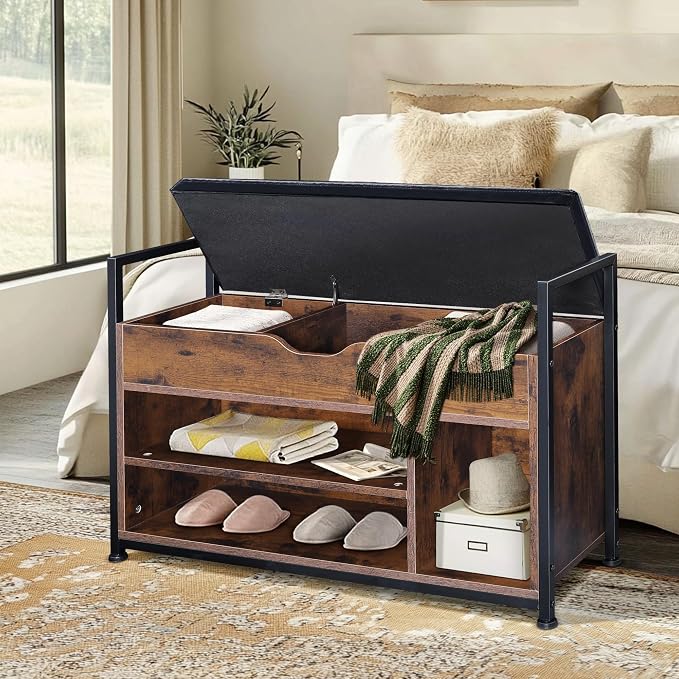 35" Wood Shoe Rack for Entryway, Shoe Bench with Storage and Padded Cushion Seat, Bench Organizer, Ideal for Foyer, Mudroom, Hallway, or Bedroom, Rustic Brown and Black